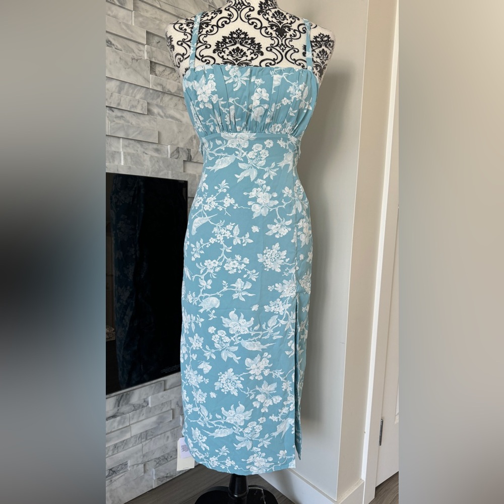 Abercrombie & Fitch Floral Midi Sundress Criss Cross Tie Back High Slit Blue XS - Picture 5 of 10